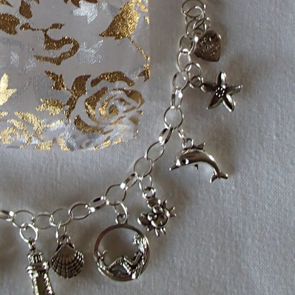 Ocean Fantasy Beach Theme Charm Bracelet Handcrafted + Organza Roses Gift Bag - Picture 6 of 7